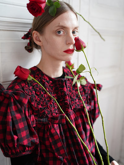 Unlogical Poem Handmade Yoyo Flower Bow Short Gingham Bud Dress