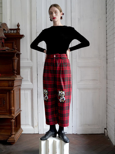 Unlogical Poem Cat Embroidered Patchwork Red Tartan Woolen Cropped Trousers
