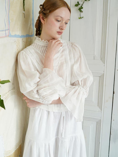 Unlogical Poem Victorian Stand Collar Blouse with Leg-of-Mutton Sleeve