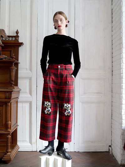 Unlogical Poem Cat Embroidered Patchwork Red Tartan Woolen Cropped Trousers