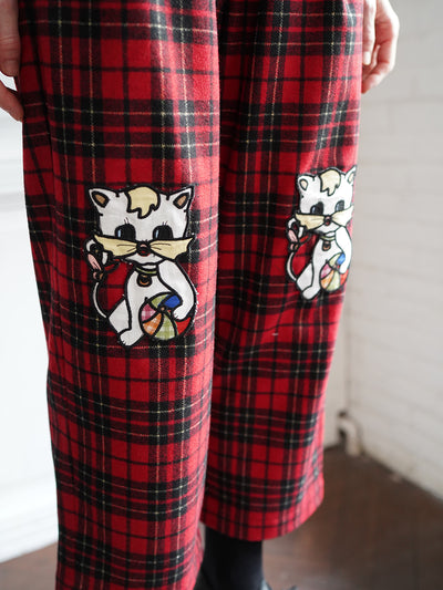 Unlogical Poem Cat Embroidered Patchwork Red Tartan Woolen Cropped Trousers