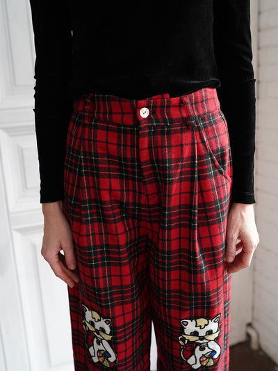 Unlogical Poem Cat Embroidered Patchwork Red Tartan Woolen Cropped Trousers
