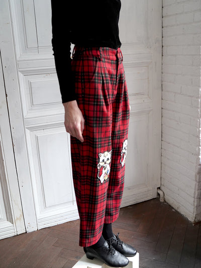 Unlogical Poem Cat Embroidered Patchwork Red Tartan Woolen Cropped Trousers