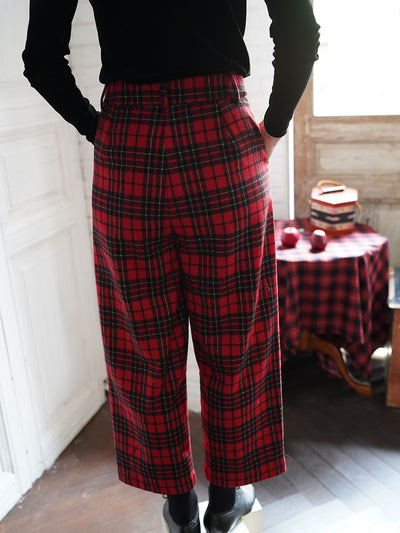 Unlogical Poem Cat Embroidered Patchwork Red Tartan Woolen Cropped Trousers