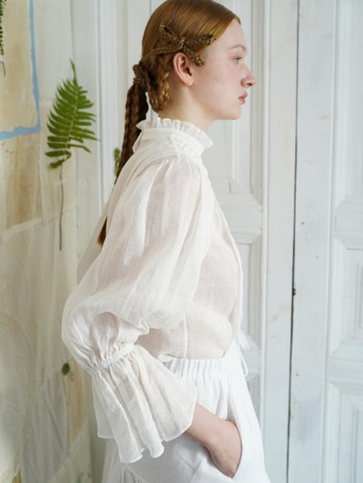 Unlogical Poem Victorian Stand Collar Blouse with Leg-of-Mutton Sleeve
