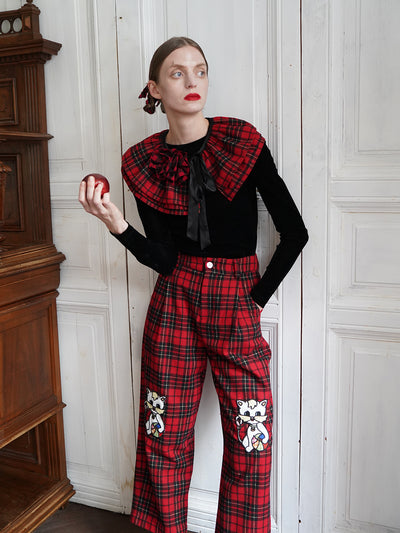 Unlogical Poem Cat Embroidered Patchwork Red Tartan Woolen Cropped Trousers