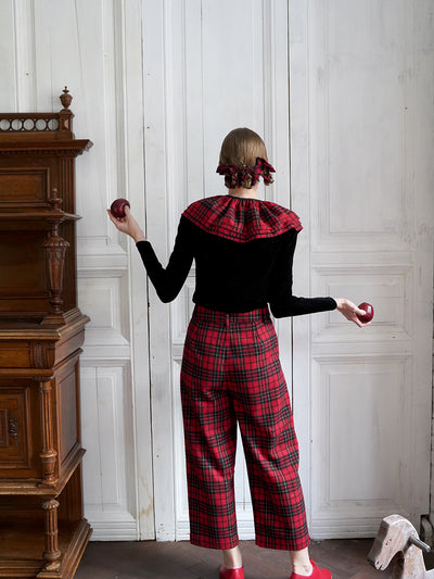Unlogical Poem Cat Embroidered Patchwork Red Tartan Woolen Cropped Trousers