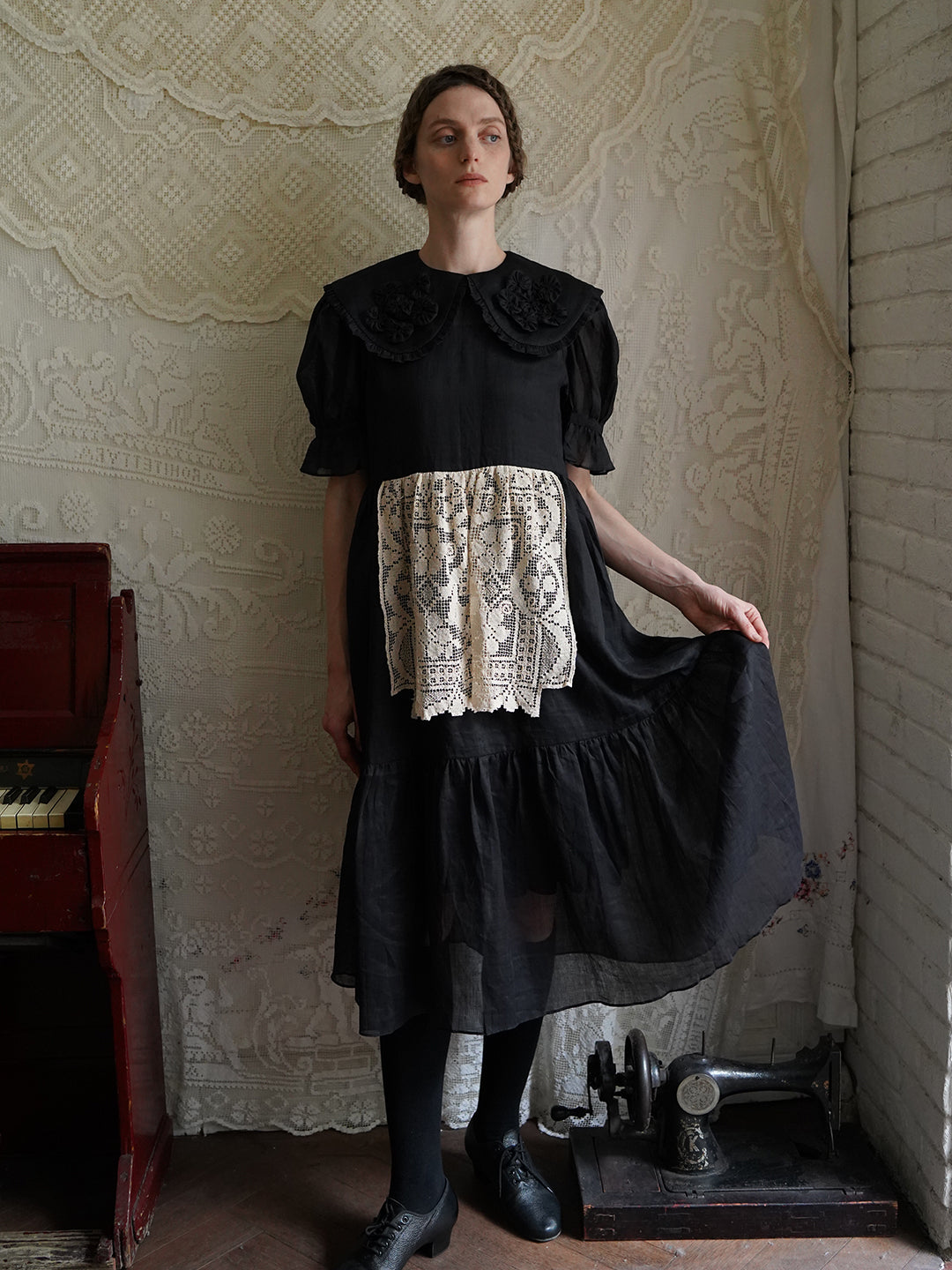 Unlogical Poem Retro Style Handmade Yoyo Flower Patchwork Lace Dress