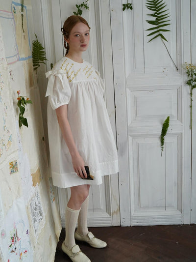 Unlogical Poem Puff Sleeve Embroidered Dress