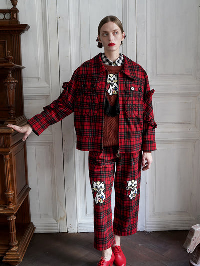 Unlogical Poem Cat Embroidered Red Tartan Wool Jacket