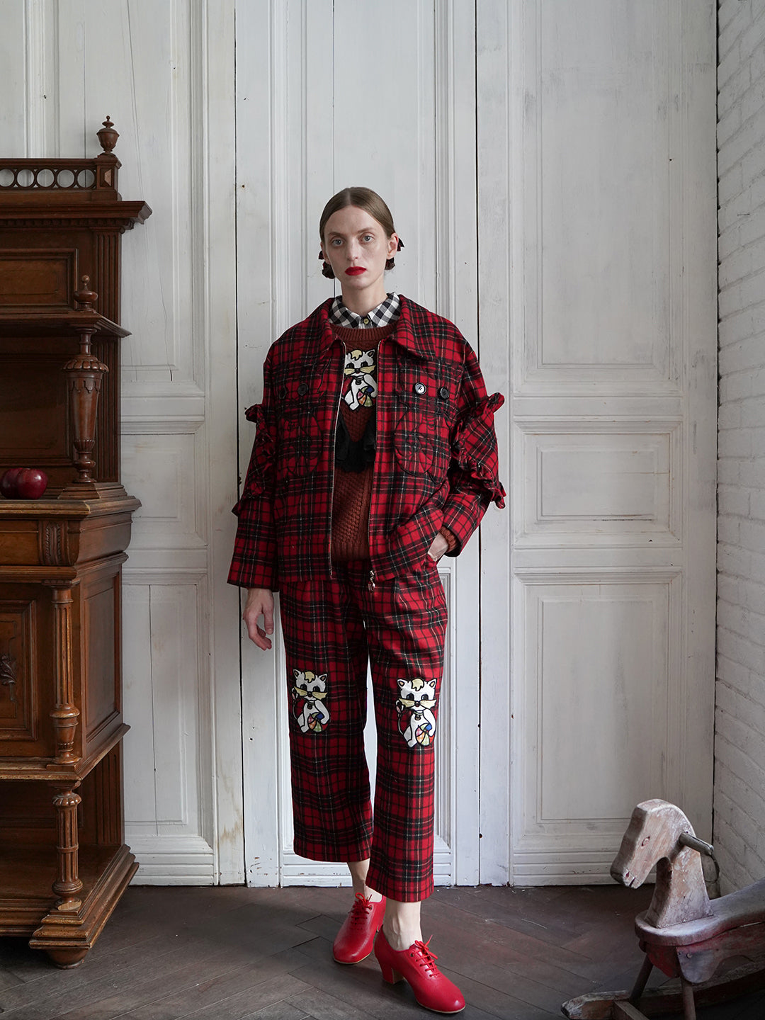 Unlogical Poem Cat Embroidered Red Tartan Wool Jacket