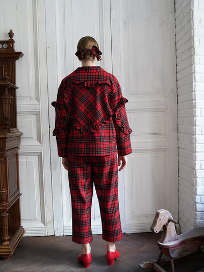 Unlogical Poem Cat Embroidered Red Tartan Wool Jacket