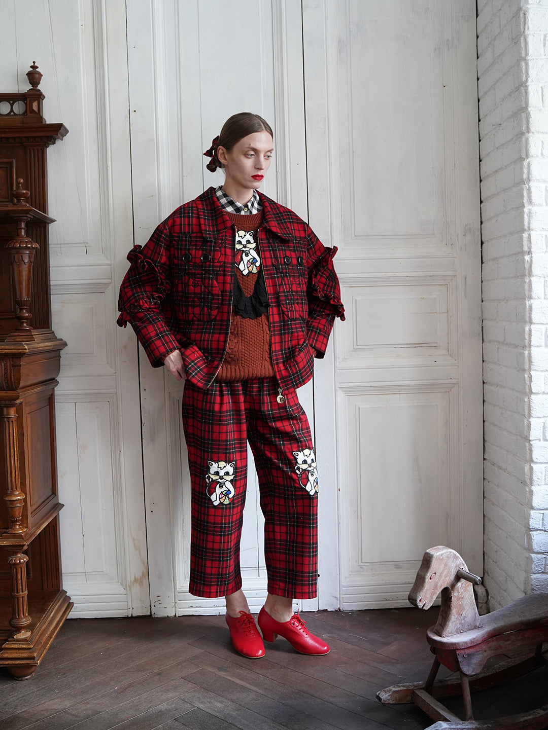 Unlogical Poem Cat Embroidered Red Tartan Wool Jacket