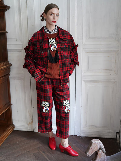 Unlogical Poem Cat Embroidered Red Tartan Wool Jacket