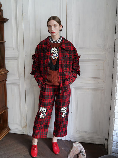 Unlogical Poem Cat Embroidered Patchwork Red Tartan Woolen Cropped Trousers