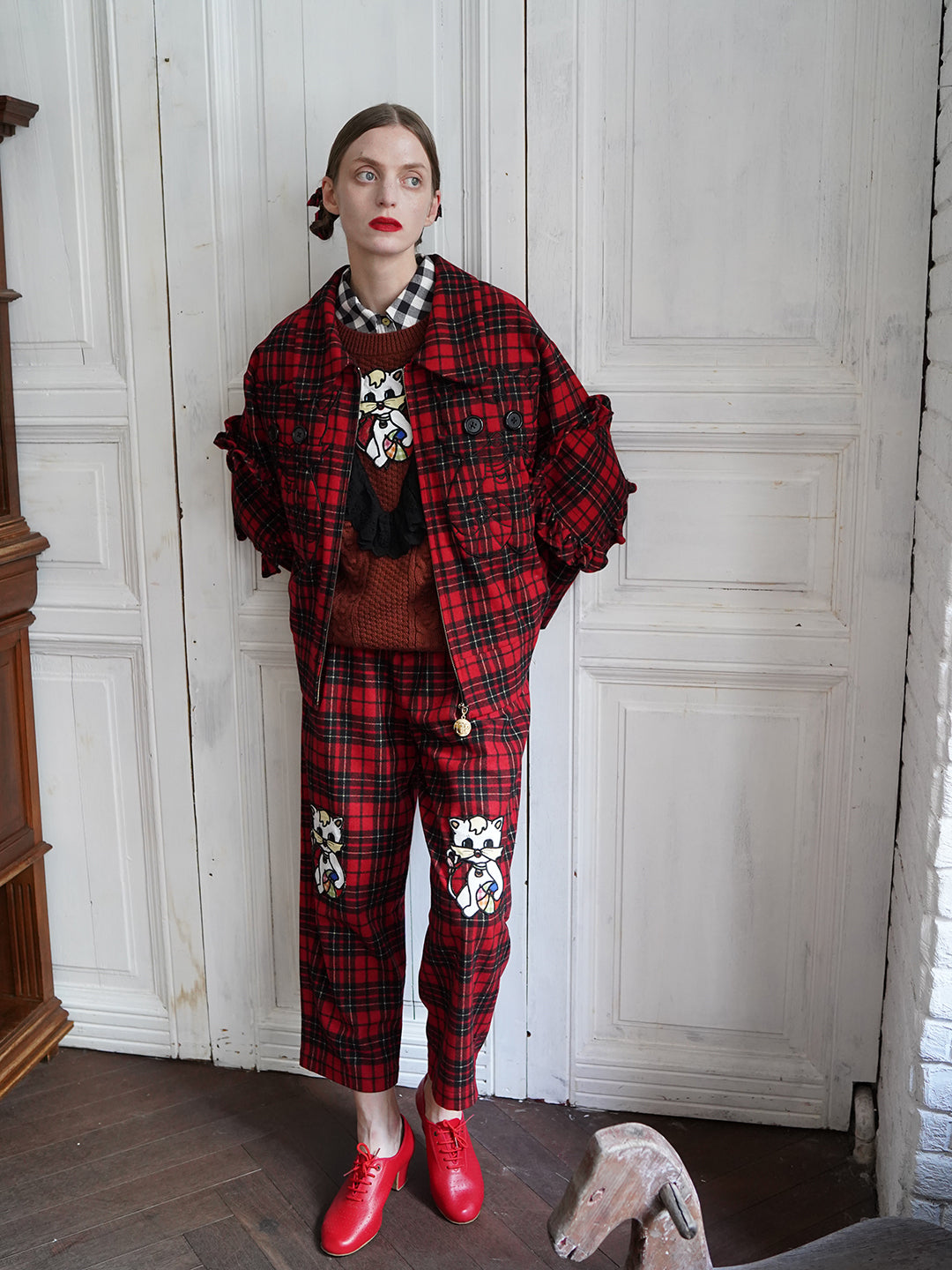 Unlogical Poem Cat Embroidered Red Tartan Wool Jacket