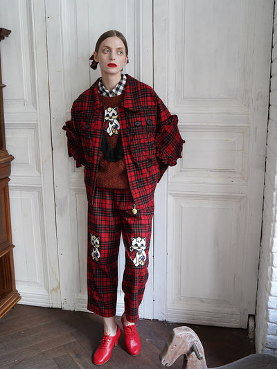 Unlogical Poem Cat Embroidered Red Tartan Wool Jacket