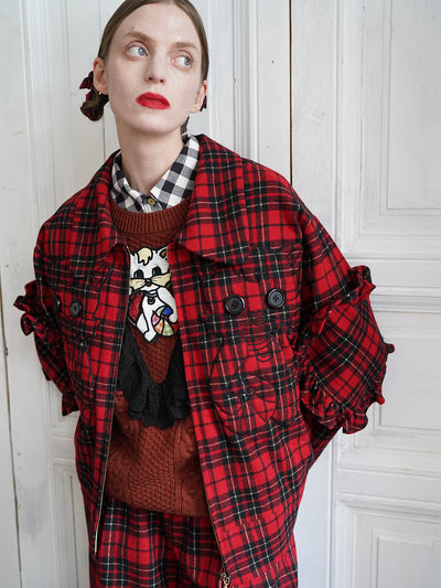 Unlogical Poem Cat Embroidered Red Tartan Wool Jacket