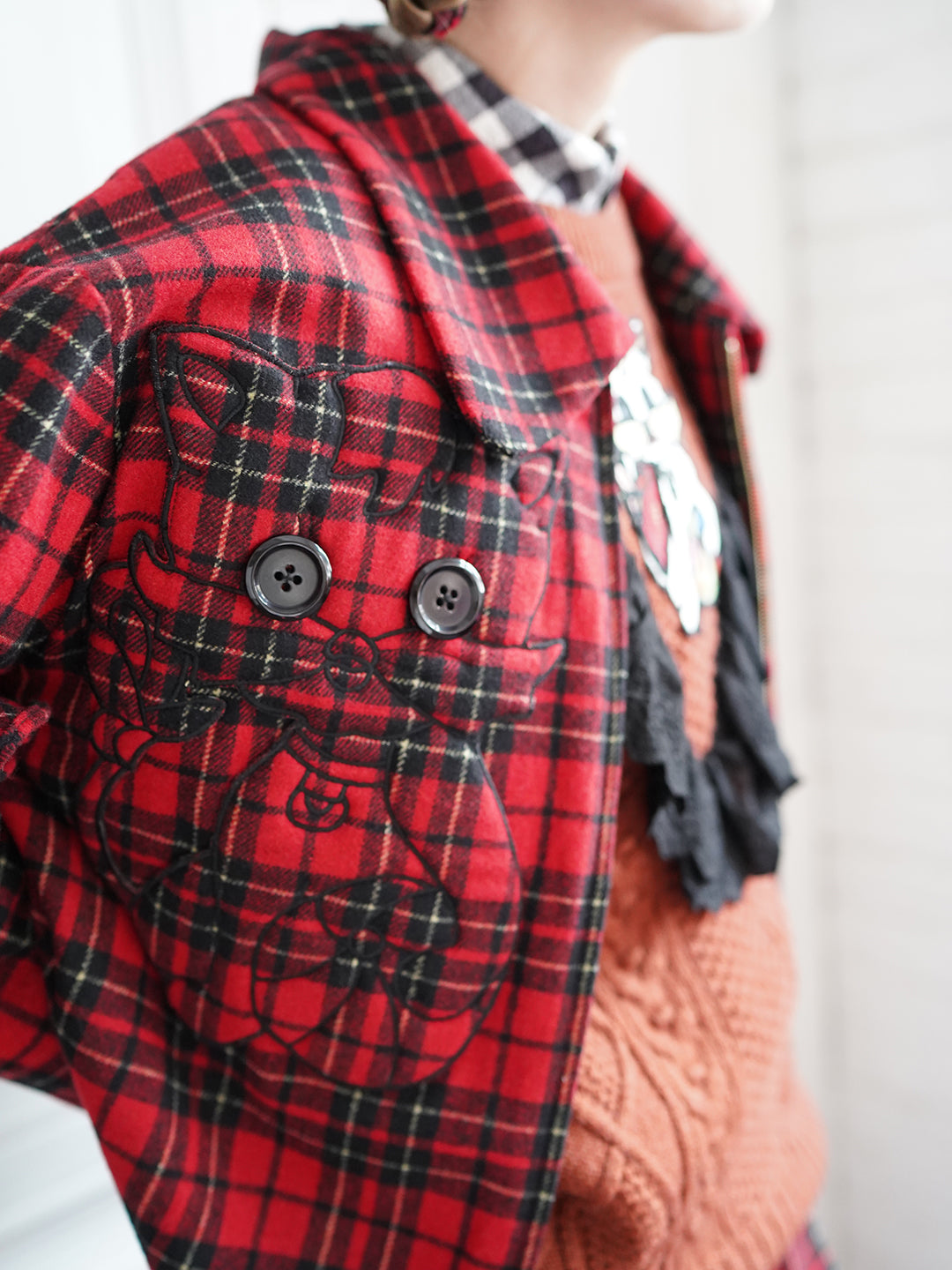 Unlogical Poem Cat Embroidered Red Tartan Wool Jacket