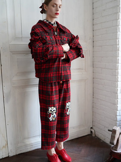 Unlogical Poem Cat Embroidered Patchwork Red Tartan Woolen Cropped Trousers