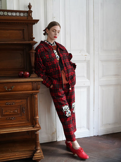 Unlogical Poem Cat Embroidered Red Tartan Wool Jacket