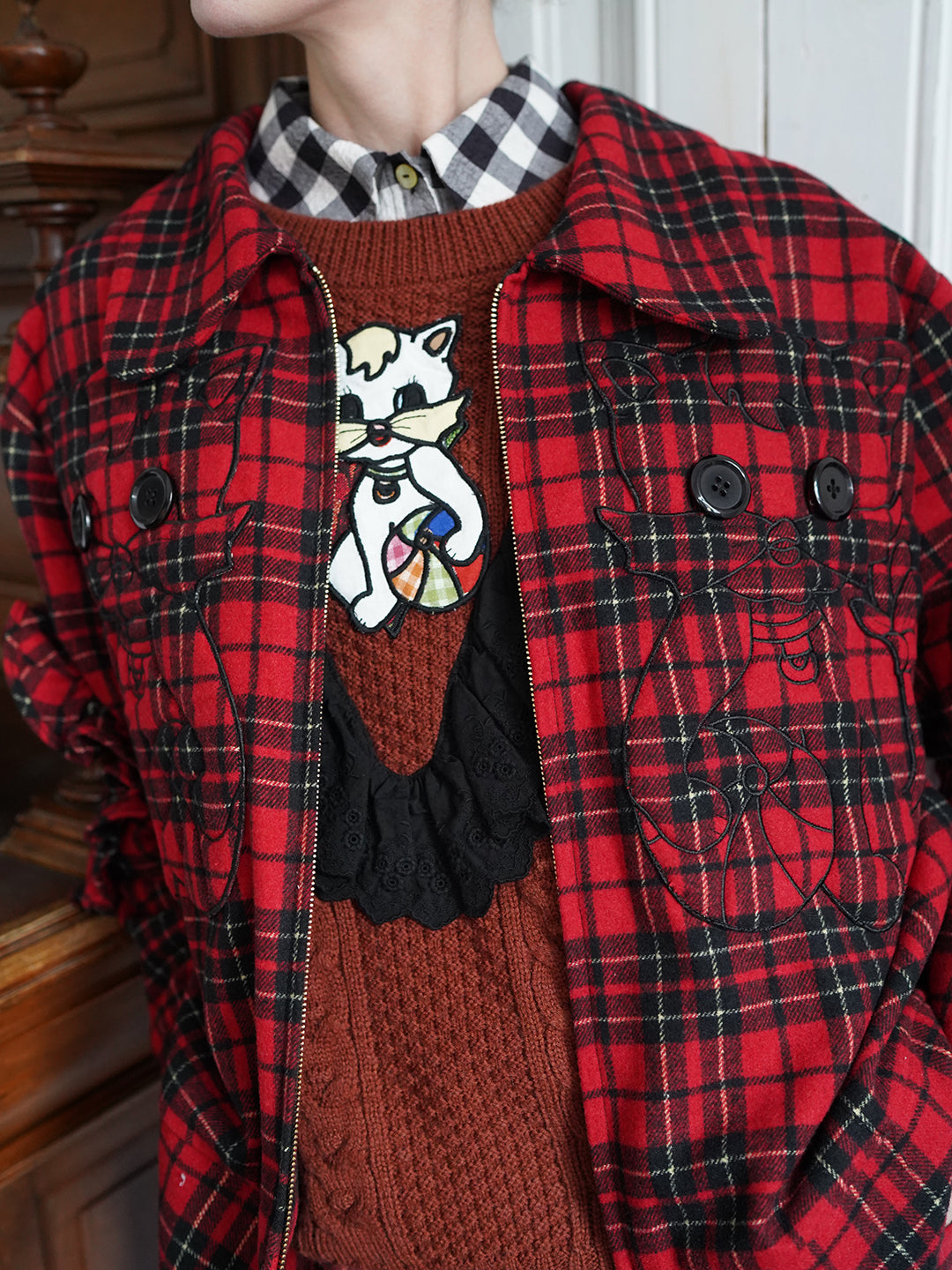 Unlogical Poem Cat Embroidered Red Tartan Wool Jacket