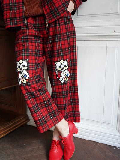 Unlogical Poem Cat Embroidered Patchwork Red Tartan Woolen Cropped Trousers