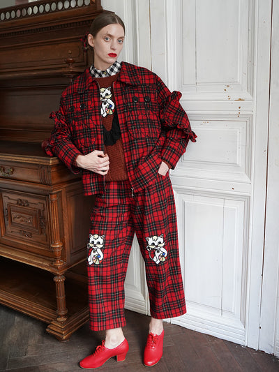 Unlogical Poem Cat Embroidered Red Tartan Wool Jacket