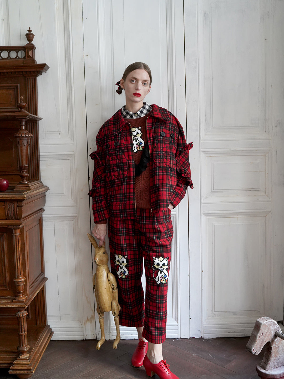 Unlogical Poem Cat Embroidered Red Tartan Wool Jacket
