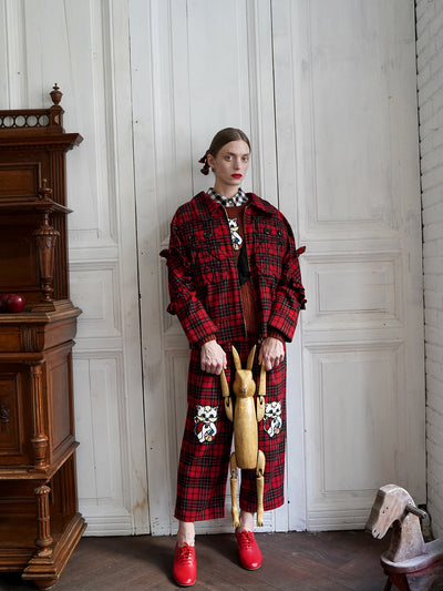 Unlogical Poem Cat Embroidered Red Tartan Wool Jacket