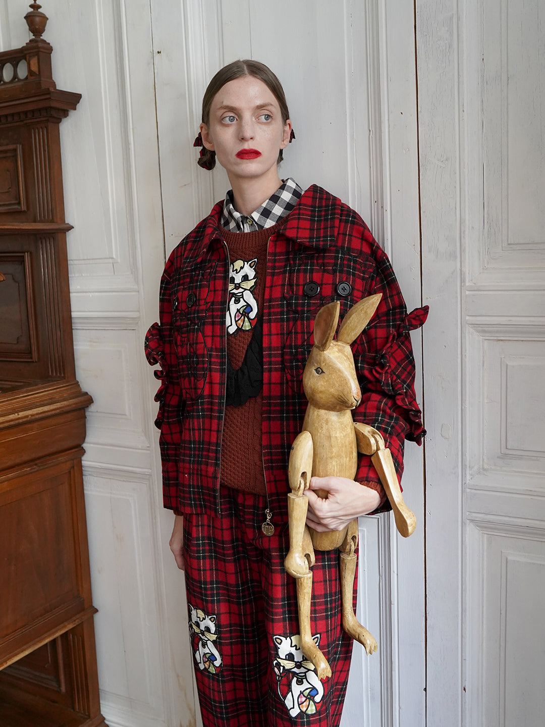 Unlogical Poem Cat Embroidered Red Tartan Wool Jacket