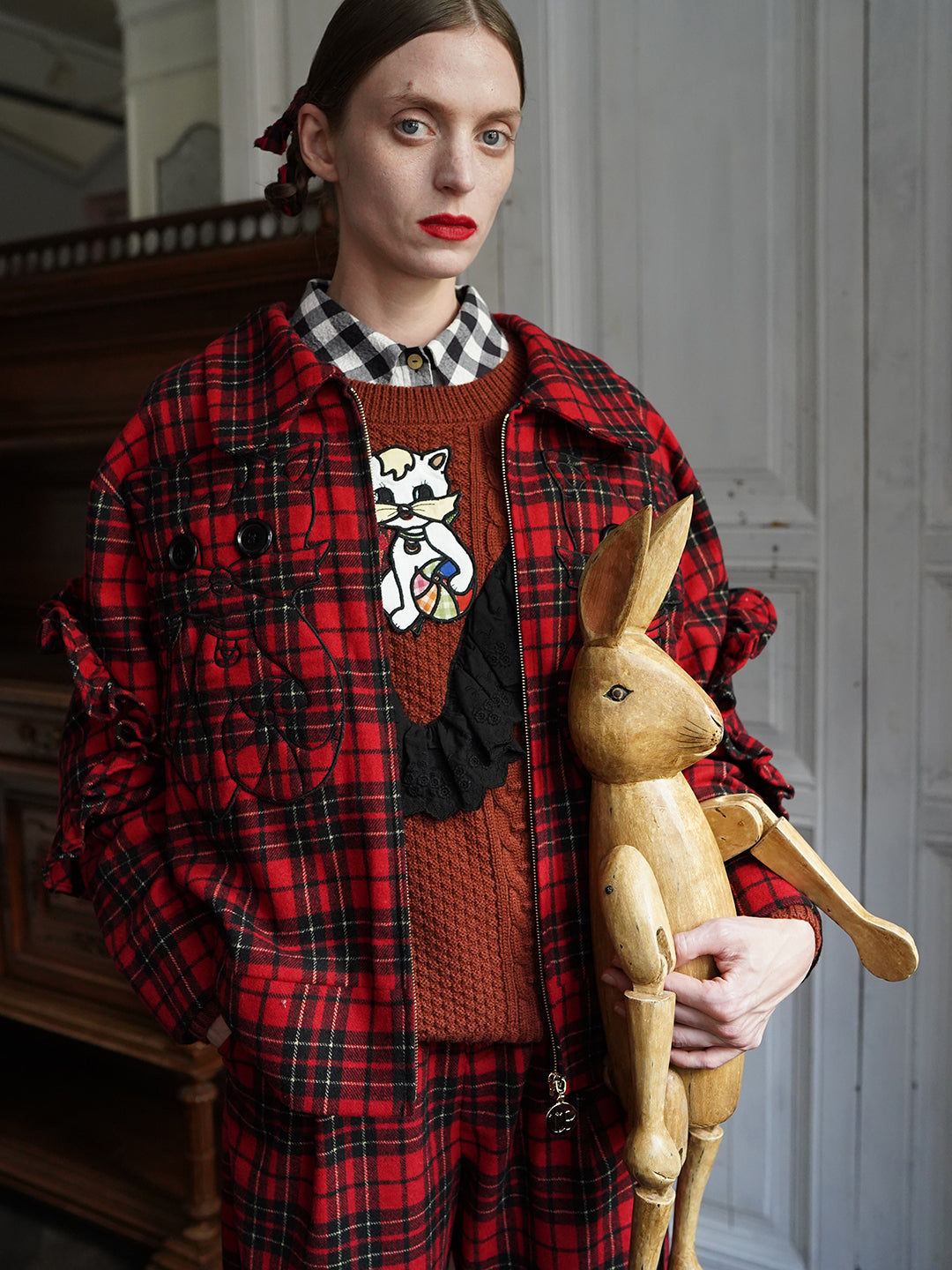 Unlogical Poem Cat Embroidered Red Tartan Wool Jacket