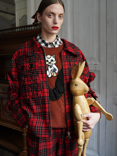 Unlogical Poem Cat Embroidered Red Tartan Wool Jacket
