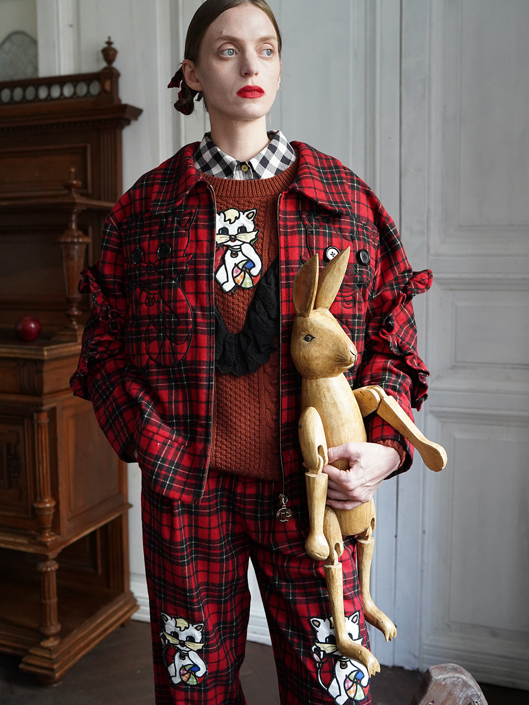 Unlogical Poem Cat Embroidered Red Tartan Wool Jacket