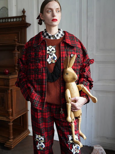 Unlogical Poem Cat Embroidered Red Tartan Wool Jacket