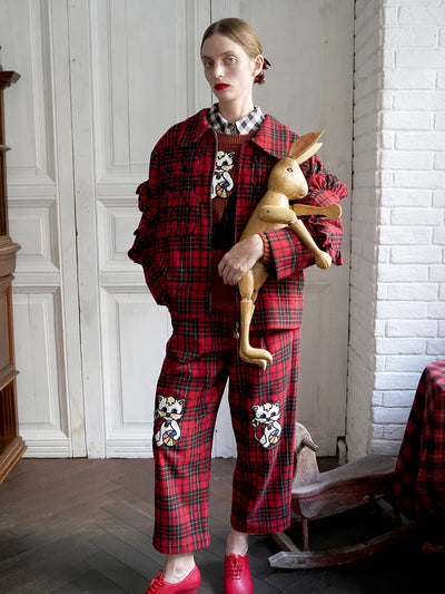 Unlogical Poem Cat Embroidered Red Tartan Wool Jacket