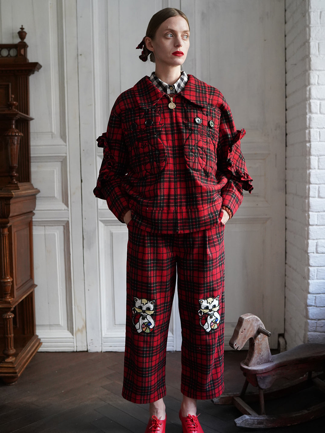 Unlogical Poem Cat Embroidered Red Tartan Wool Jacket