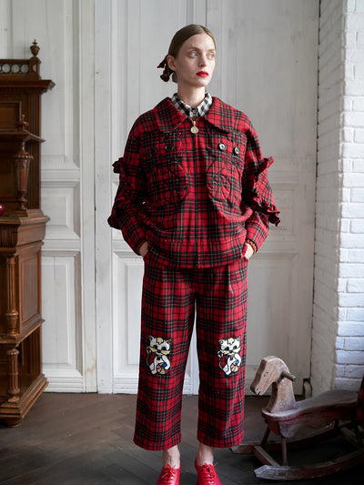 Unlogical Poem Cat Embroidered Red Tartan Wool Jacket