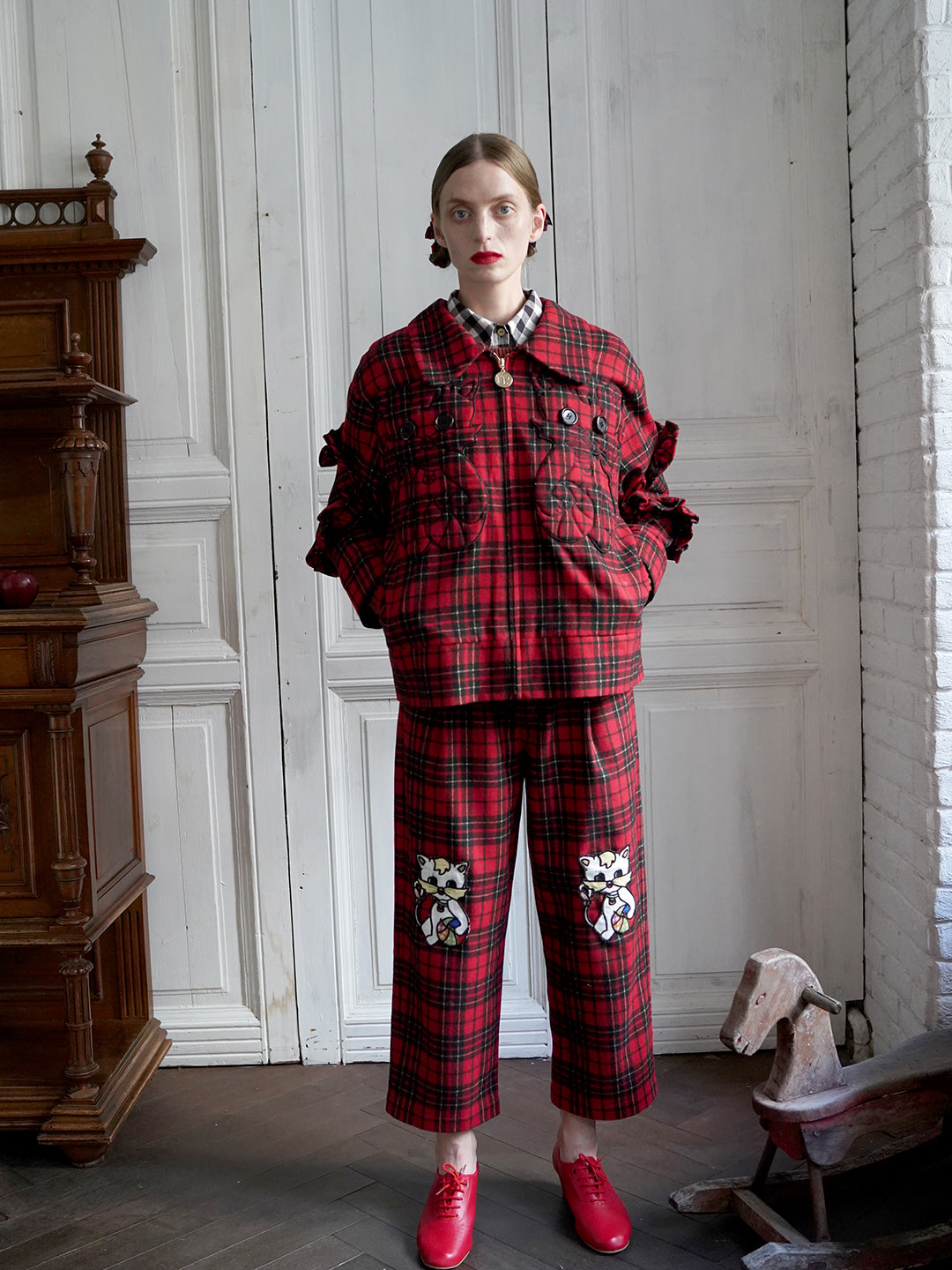 Unlogical Poem Cat Embroidered Red Tartan Wool Jacket