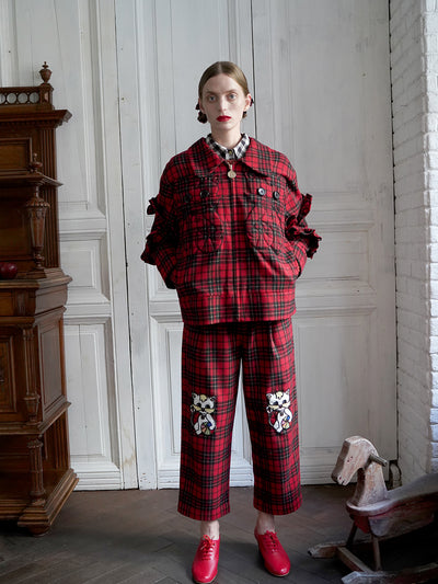 Unlogical Poem Cat Embroidered Red Tartan Wool Jacket