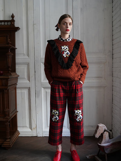 Unlogical Poem Cat Embroidery Patchwork Lace Wool Knit Sweater