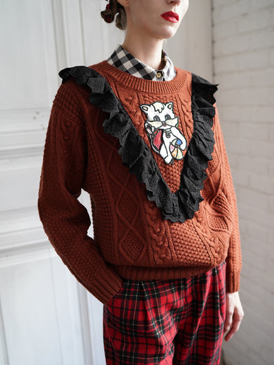 Unlogical Poem Cat Embroidery Patchwork Lace Wool Knit Sweater