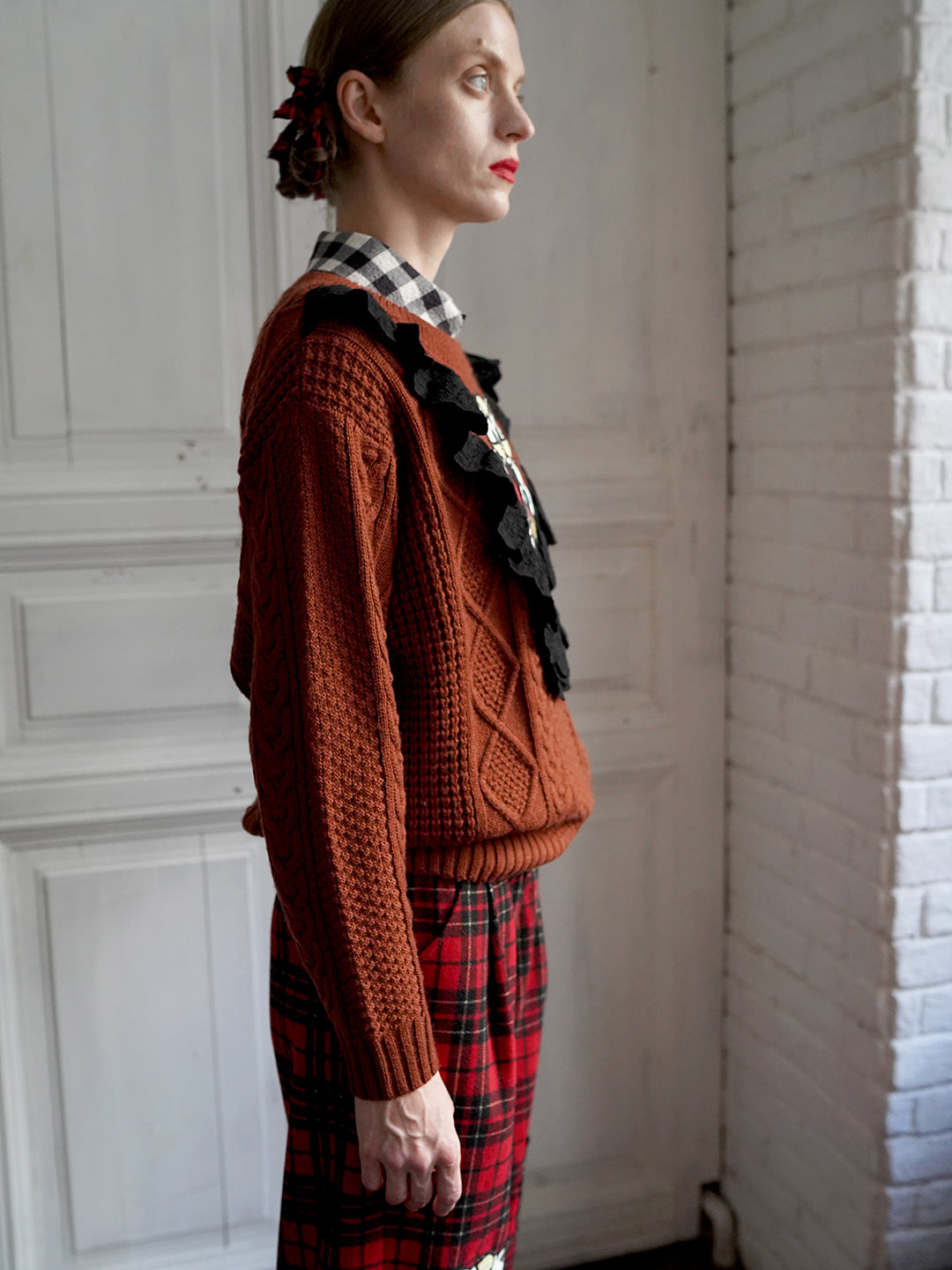 Unlogical Poem Cat Embroidery Patchwork Lace Wool Knit Sweater