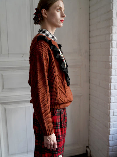 Unlogical Poem Cat Embroidery Patchwork Lace Wool Knit Sweater