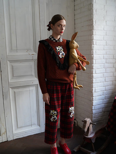 Unlogical Poem Cat Embroidery Patchwork Lace Wool Knit Sweater