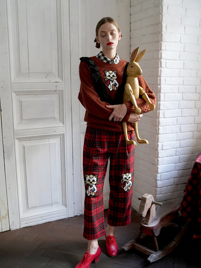 Unlogical Poem Cat Embroidery Patchwork Lace Wool Knit Sweater