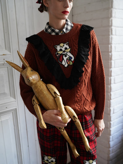 Unlogical Poem Cat Embroidery Patchwork Lace Wool Knit Sweater