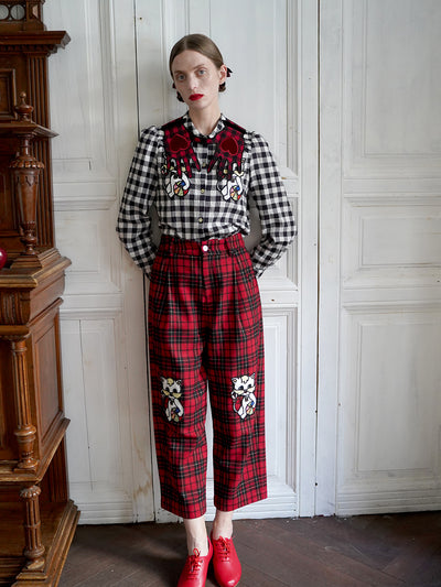 Unlogical Poem Cat Embroidered Patchwork Red Tartan Woolen Cropped Trousers