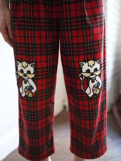 Unlogical Poem Cat Embroidered Patchwork Red Tartan Woolen Cropped Trousers