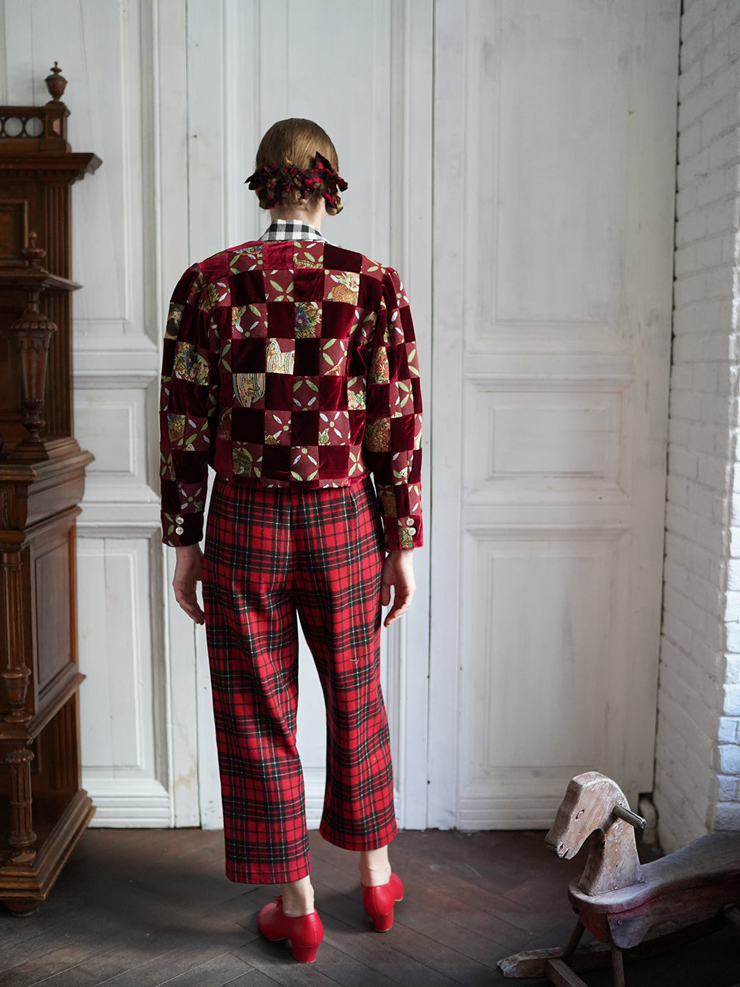 Unlogical Poem Retro-style Velvet and Yarn-dyed Patchwork Red Blazer